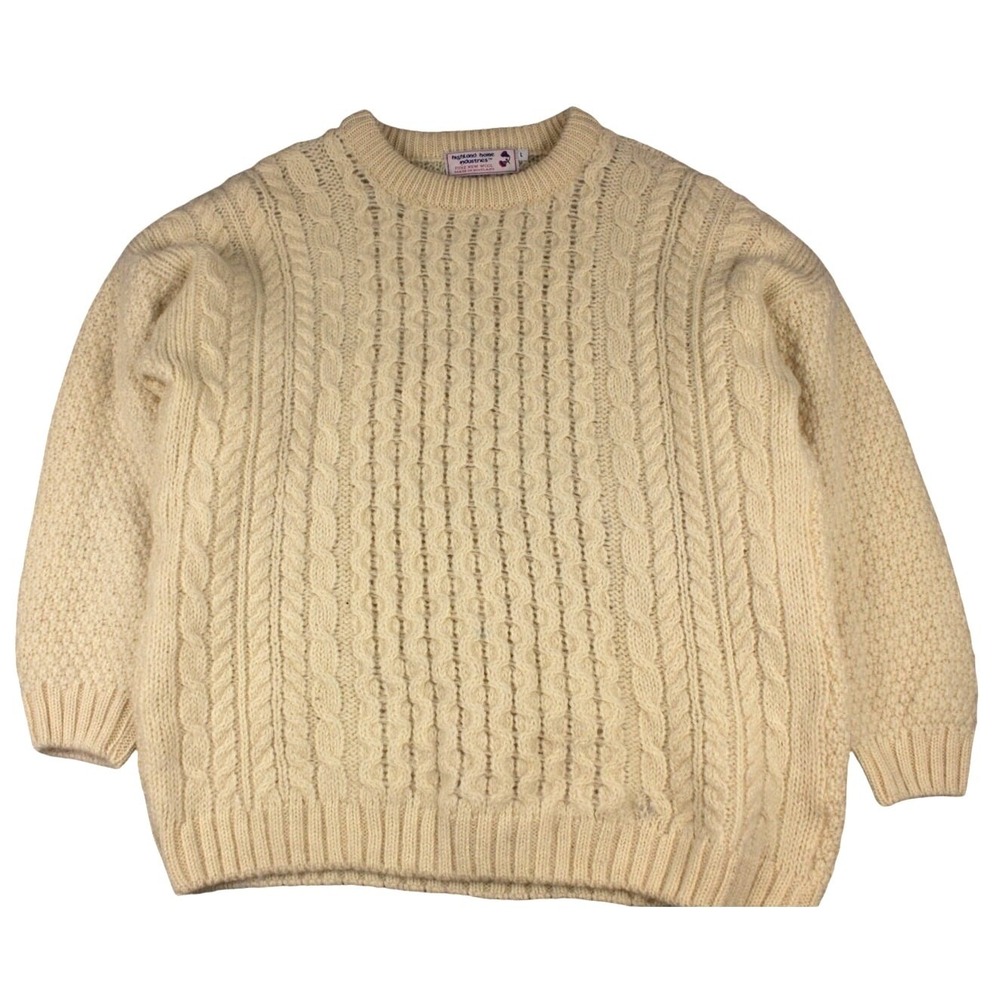 Vtg Womens L Fisherman Sweater 100% Wool Scotland Aran Cable Knit Cream Chunky